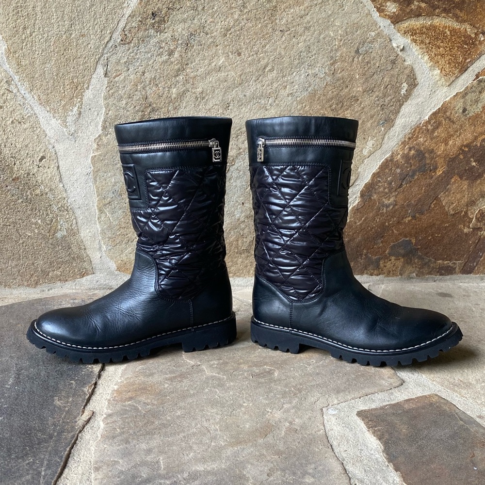 Authentic Chanel Black Quilted Motorcycle Boots Gem